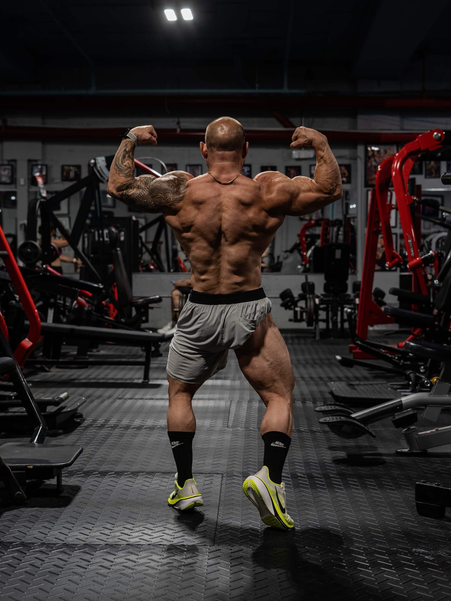 Eitan Bratin hitting a back double biceps in the gym